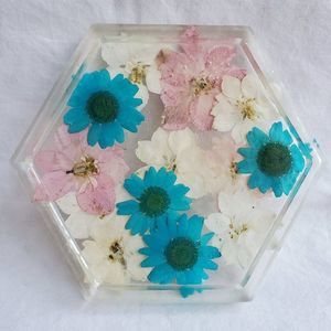 Blue and Pink Pressed Flower Coaster